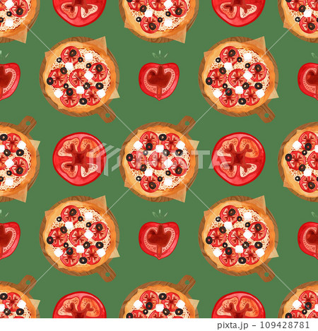Seamless pizza pattern with tomatoes, olives and cheese. Watercolor illustration for menus, recipes, kitchen textiles, design of cafes, restaurants and pizzerias, as well as pizza boxes and packaging. 109428781