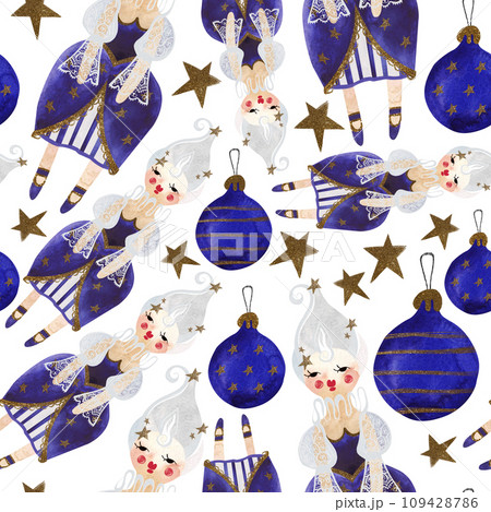 Dolls and gold stars. Seamless watercolor pattern for New Year and Christmas wrapping paper. Vintage style gifts for children under the Christmas tree. Dolls and gold stars. Seamless watercolor pattern for New Year and Christmas wrapping paper. Vintage style gifts for children under the Christmas tree. 109428786