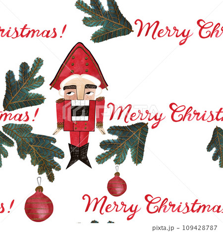 Nutcracker and nuts. Seamless watercolor pattern for New Year and Christmas wrapping paper. Vintage style gifts for children under the Christmas tree. 109428787