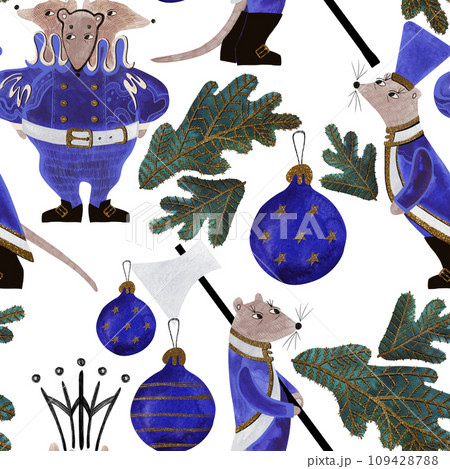 Nutcracker and nuts. Seamless watercolor pattern for New Year and Christmas wrapping paper. Vintage style gifts for children under the Christmas tree. Nutcracker and nuts. Seamless watercolor pattern for New Year and Christmas wrapping paper. Vintage style gifts for children under the Christmas tree. 109428788