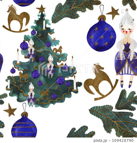 Dolls, rocking horses, Christmas trees. Seamless watercolor pattern for New Year and Christmas wrapping paper. Vintage style gifts for children under the Christmas tree. 109428790