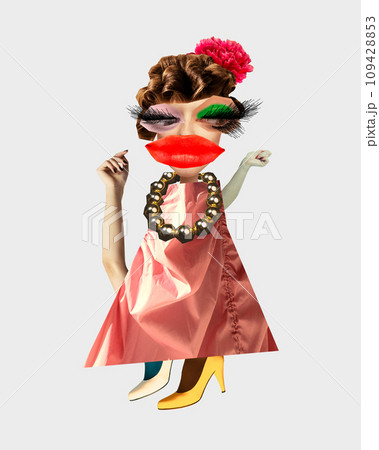 Contemporary art collage. Creative portrait, surrealistic caricature of stylishly dressed woman expressing herself in style of clothing and makeup 109428853