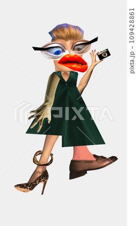 Contemporary art collage. Creative portrait, modern caricature of sloppily dressed, funny woman against white background Contemporary art collage. Creative portrait, modern caricature of sloppily dressed, funny woman against white background 109428861
