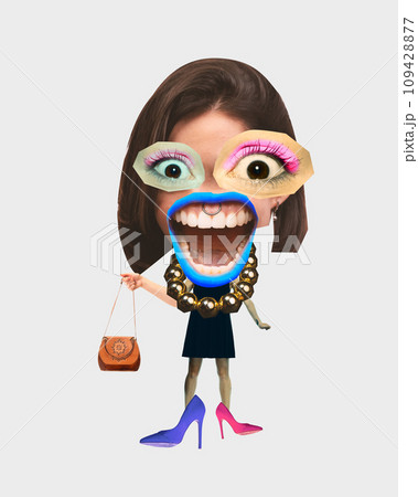 Contemporary art collage. Creative modern portrait of shocked by wide-eyed, wide-open-mouth girl dressed stylishly and fashionably. 109428877