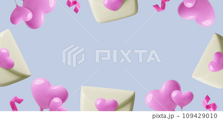 Valentine's Day background with 3D realistic envelopes, hearts and copy space. Vector illustration. 109429010