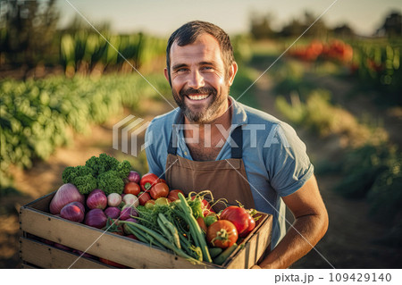 natural portrait of happy young farmer carrying wooden box full of vegetables natural portrait of happy young farmer carrying wooden box full of vegetables 109429140