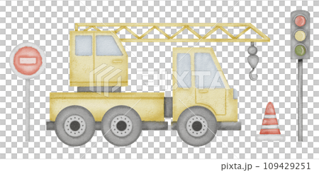 Truck Crane Watercolor illustration. Set of baby car toy. Hand drawn clip art of road sign and traffic light on isolated background. Autocrane and signpost drawing for stickers and prints. Truck Crane Watercolor illustration. Set of baby car toy. Hand drawn clip art of road sign and traffic light on isolated background. Autocrane and signpost drawing for stickers and prints. 109429251