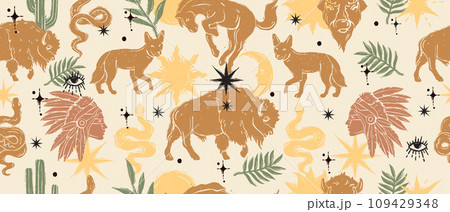 Linocut western boho seamless pattern, vector engraving Texas desert print, canyon wildlife, cactus 109429348