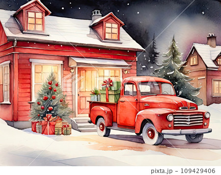 Watercolour red retro Christmas truck with gifts and a Christmas tree in the back near a decorated house in winter with snow. A holiday card for Christmas and New Year. Watercolour red retro Christmas truck with gifts and a Christmas tree in the back near a decorated house in winter with snow. A holiday card for Christmas and New Year. 109429406