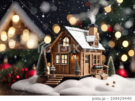 A realistic wooden modern tiny house in a small size in Christmas decor and snow, window sill decoration, dream. Festive mood, insurance, gift, mortgage, housing, rent, moving in New Year. 109429440