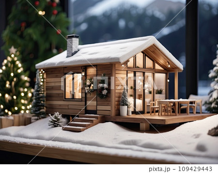 A realistic wooden modern tiny house in a small size in Christmas decor and snow, window sill decoration, dream. Festive mood, insurance, gift, mortgage, housing, rent, moving in New Year. 109429443