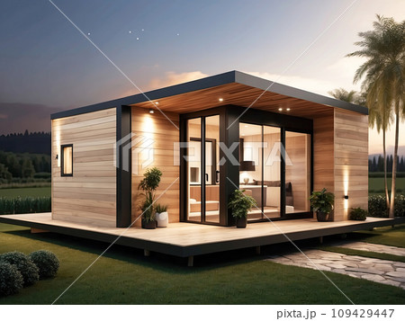 Wooden modern tiny house with flat roof on a green lawn in an eco-friendly place of nature. Tourism, travel, mini hotel, booking, insurance, mortgage, housing, rent, moving. Wooden modern tiny house with flat roof on a green lawn in an eco-friendly place of nature. Tourism, travel, mini hotel, booking, insurance, mortgage, housing, rent, moving. 109429447