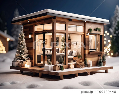 Wooden modern tiny house with flat roof in Christmas decor and snow, Festive mood. Tourism, travel in winter, vacation on New Year, mini hotel, booking, insurance, mortgage, housing, rent, moving. Wooden modern tiny house with flat roof in Christmas decor and snow, Festive mood. Tourism, travel in winter, vacation on New Year, mini hotel, booking, insurance, mortgage, housing, rent, moving. 109429448
