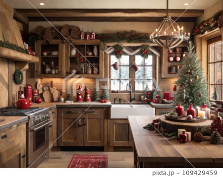 Cozy rustic retro kitchen with Christmas decor, utensils. Merry Christmas and Happy New Year greeting card, home warmth Cozy rustic retro kitchen with Christmas decor, utensils. Merry Christmas and Happy New Year greeting card, home warmth 109429459