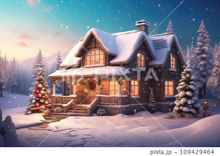 Cozy wooden house in mountains at night with christmas trees and gifts in winter in the snow with Christmas decor - holiday card Cozy wooden house in mountains at night with christmas trees and gifts in winter in the snow with Christmas decor - holiday card 109429464