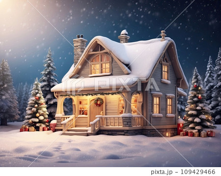 Cozy wooden house in mountains at night with christmas trees and gifts in winter in the snow with Christmas decor - holiday card Cozy wooden house in mountains at night with christmas trees and gifts in winter in the snow with Christmas decor - holiday card 109429466