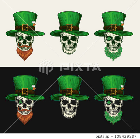 Set of skulls in tall top hat, four leaves clover, shamrock, red beard, fantasy beard made of clover. Vintage illustration on white, black background. 109429587