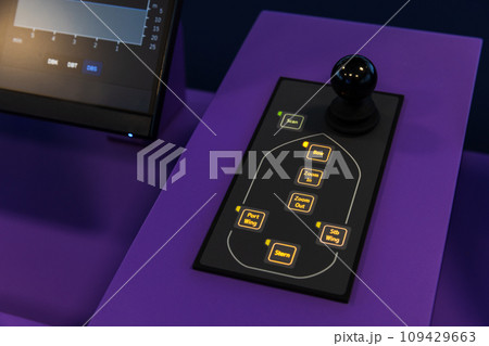 Fragment of illuminated ship control panel on the captain bridge. External CCTV control Fragment of illuminated ship control panel on the captain bridge. External CCTV control 109429663