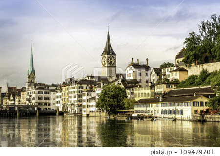 Scenic view of historic Zurich city center with famous Fraumunster and river Limmat at Lake Zurich,Switzerland 109429701