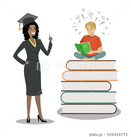 Happy african american female graduate in cloak and graduation c 109429775