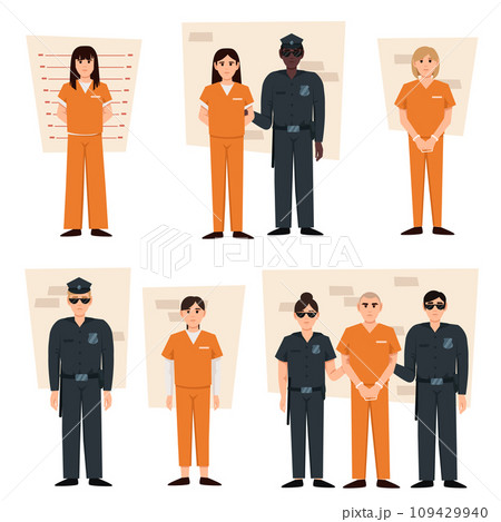 Cope and bandit. Cartoon police officers and arrested people in handcuffs. Prisoner men and women wearing orange prison uniforms and orange uniform, prison guards on the side, people standing Cope and bandit. Cartoon police officers and arrested people in handcuffs. Prisoner men and women wearing orange prison uniforms and orange uniform, prison guards on the side, people standing 109429940