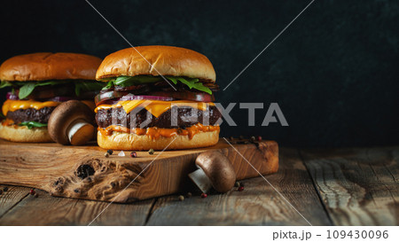 Two delicious homemade burgers of beef, cheese and mushrooms on an wooden table. With copy space Two delicious homemade burgers of beef, cheese and mushrooms on an wooden table. With copy space 109430096