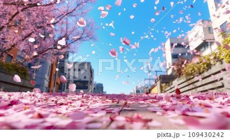 Cherry blossom in a city park, petals flying around, low angle shot, idea for a postcard or congratulation 109430242