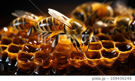 Close-up of a honey bee building a honeycomb in a hive, the importance of insects in the planet's ecosystem 109430248