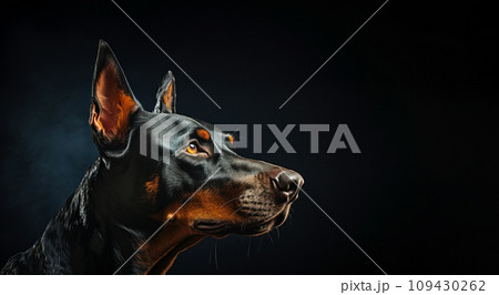 Close-up of a Doberman pinscher on a dark background, studio portrait of a dog with copy space for advertising a veterinarian or dog food 109430262
