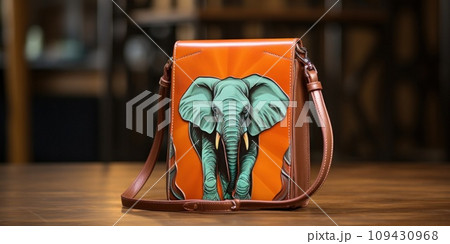 the brown leather crossbody has been placed on a wooden table that has no handle, 109430968