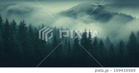 a big mountain forest covered with fog and trees, 109430989
