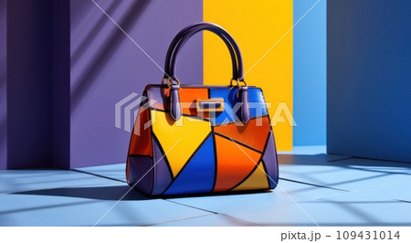 the bag sits on colorful mosaic panel, 109431014