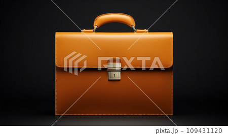 the leather briefcase is displayed on the black surface, the leather briefcase is displayed on the black surface, 109431120