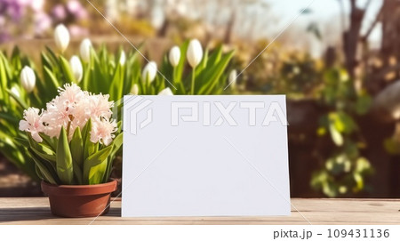 White greeting card with blank front, realistic on a mockup template in a wooden table in a easter luxuty background in home inside, White greeting card with blank front, realistic on a mockup template in a wooden table in a easter luxuty background in home inside, 109431136