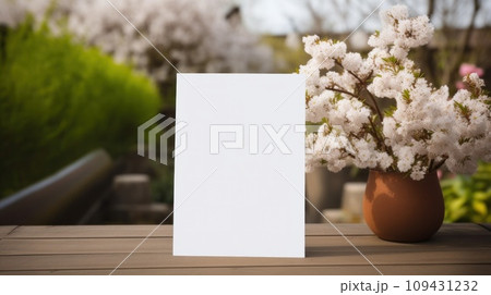 White greeting card with blank front, realistic on a mockup template in a wooden table in a easter luxuty background in home inside, 109431232