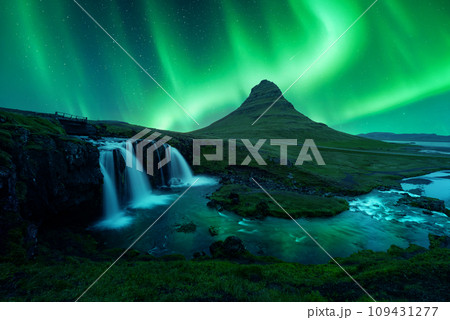 Northern lights over Kirkjufell mountain Northern lights over Kirkjufell mountain 109431277