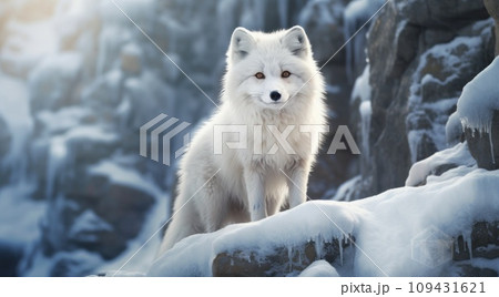 a white fox on snow in the background, 109431621