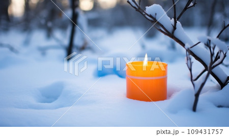 a lit candle in the snow near an oak tree, a lit candle in the snow near an oak tree, 109431757