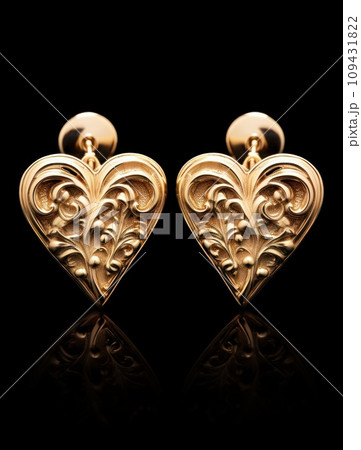 a pair of gold heart shaped earrings 109431822