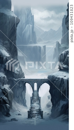 a bridge with snow covered cliffs and grass, monochromatic white figures, a bridge with snow covered cliffs and grass, monochromatic white figures, 109431823