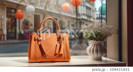 a brown leather handbag in the window of a shopping store, 109431841