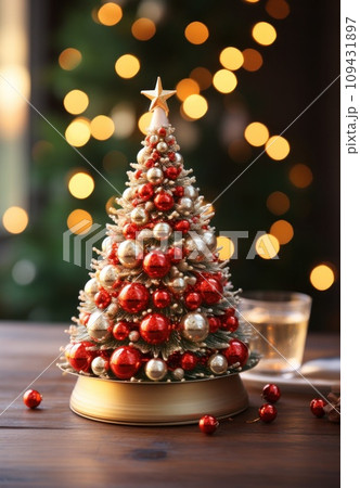 a christmas tree next to a wooden table, 109431897