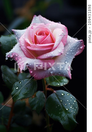 a pink rose that is covered by rain drops, 109431898