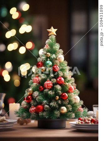 a christmas tree next to a wooden table, 109431899