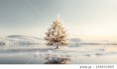a christmas tree with snow covered ground in the background, 109431905