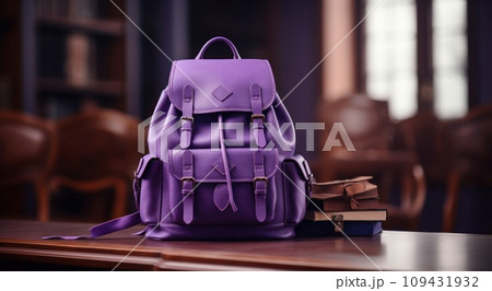 a purple backpack is sitting on top of a table, a purple backpack is sitting on top of a table, 109431932