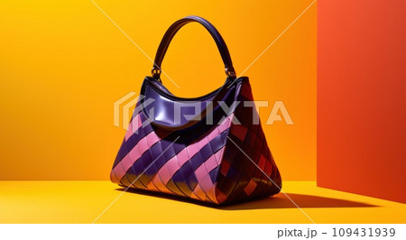 a colorful woven bag sits against an orange, yellow and purple background, a colorful woven bag sits against an orange, yellow and purple background, 109431939
