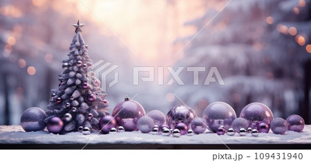 a purple christmas tree with purple ornaments on a wooden table, a purple christmas tree with purple ornaments on a wooden table, 109431940