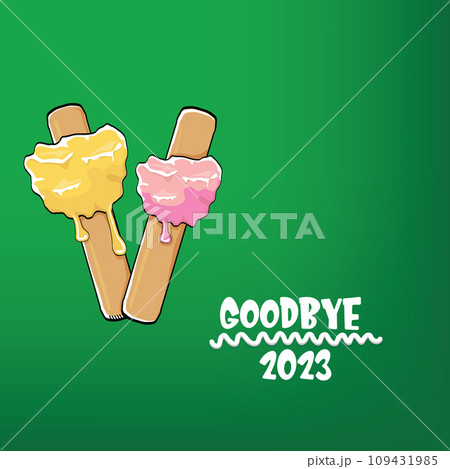 vector goodbye 2023 hello 2024 year vector concept illustration with melt ice cream isolated on green background. End of the 2023 year background or poster vector goodbye 2023 hello 2024 year vector concept illustration with melt ice cream isolated on green background. End of the 2023 year background or poster 109431985