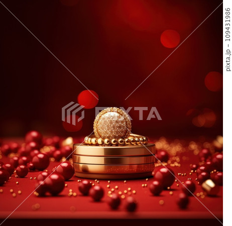 a ring and ruby on a red background surrounded by golden balls, 109431986
